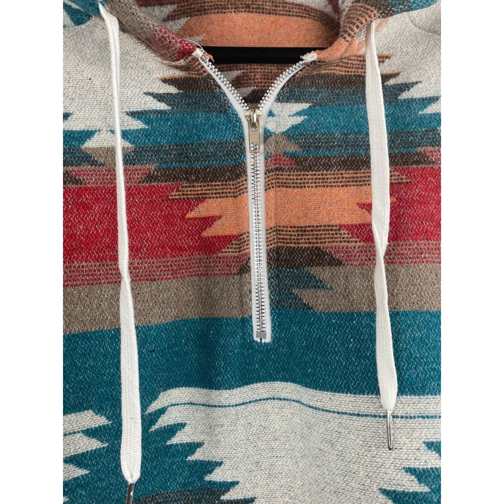 Women's Hoodie XL Southwestern Aztec Teal Rust Quarter Zip Pullover Cotton Blend - Picture 3 of 11